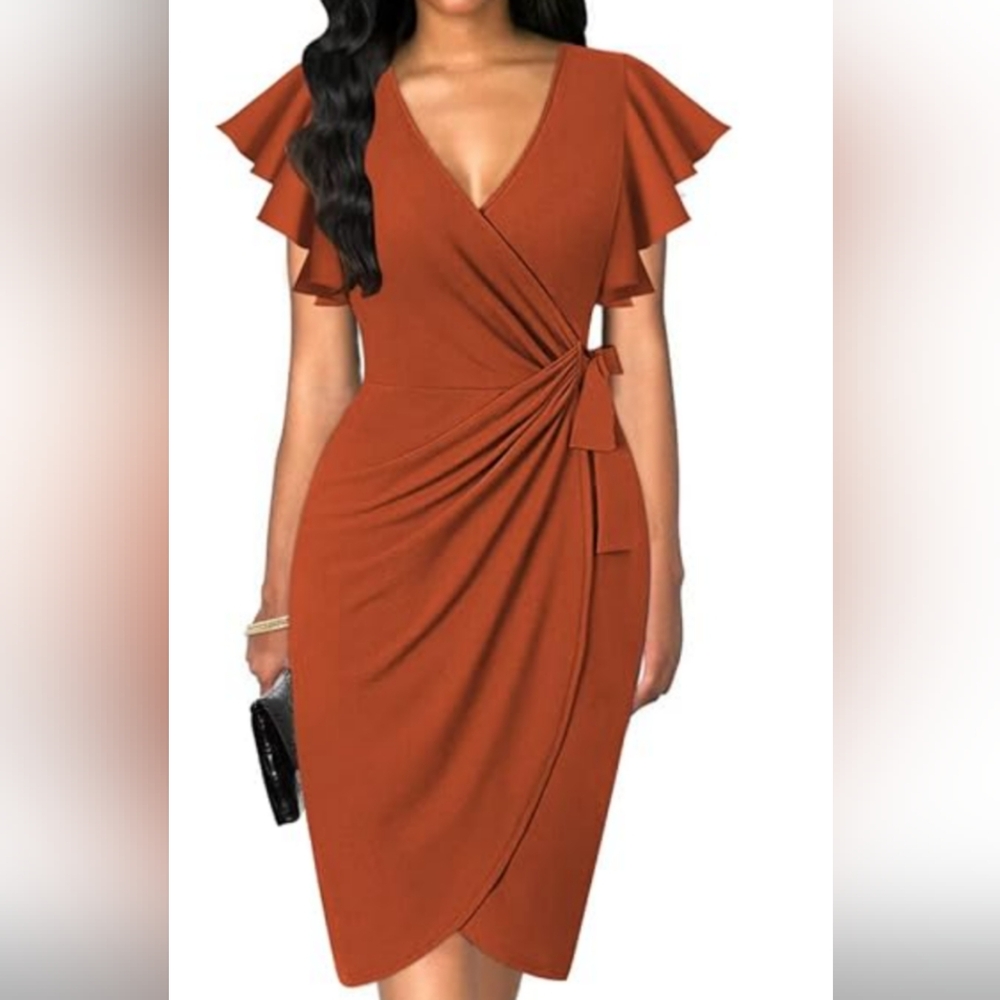 OTEN Elegant Rust Ruffle Sleeve Midi Dress